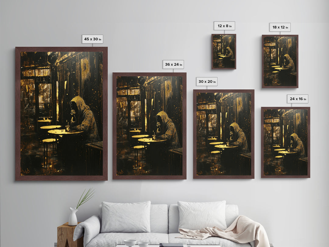 Haunted Café Scene Metallic Gold Art Metal Art | Gothic Spooky Wall Décor in Natural Wood Frame for Halloween Aesthetic
