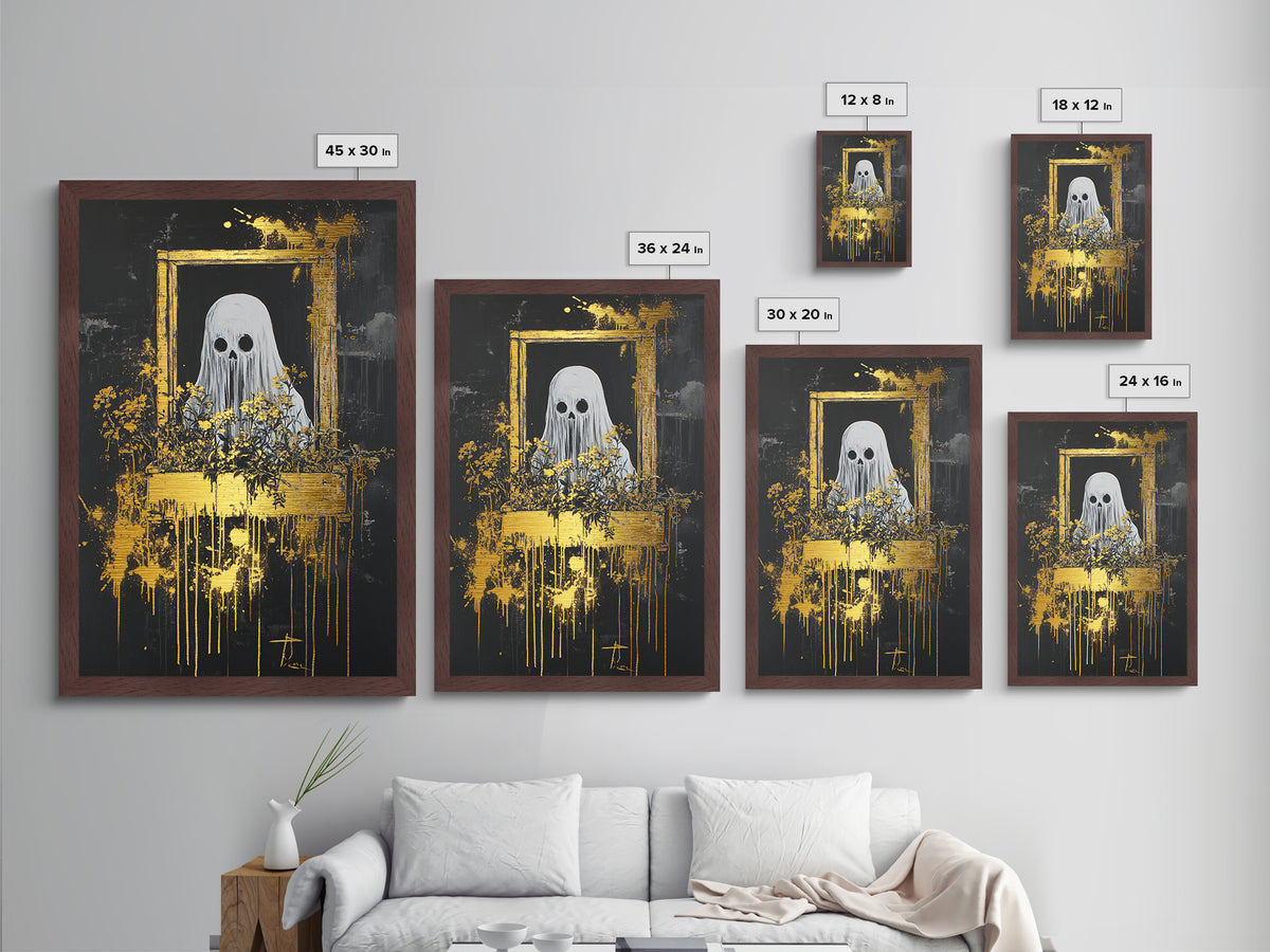 Ghostly Window Spirit Metallic Gold Art Metal Art | Creepy Halloween Gothic Décor Framed in Real Wood for Spooky Season