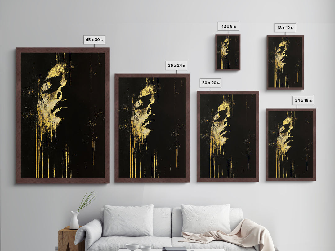 Shadowed Face Metallic Gold Art Metal Art | Dark Spooky Gothic Halloween Portrait Art with Natural Wood Frame Accent