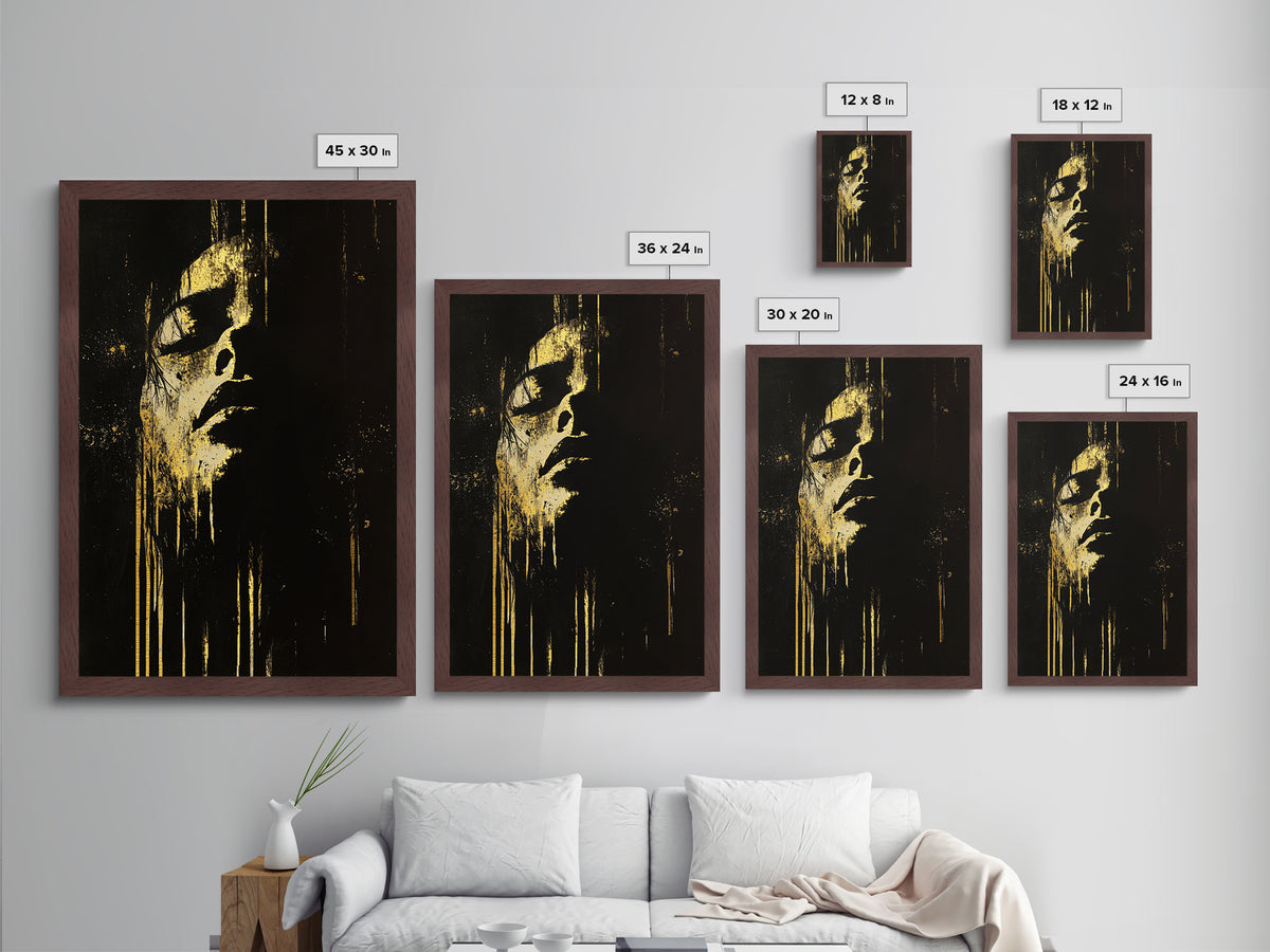 Shadowed Face Metallic Gold Art Metal Art | Dark Spooky Gothic Halloween Portrait Art with Natural Wood Frame Accent
