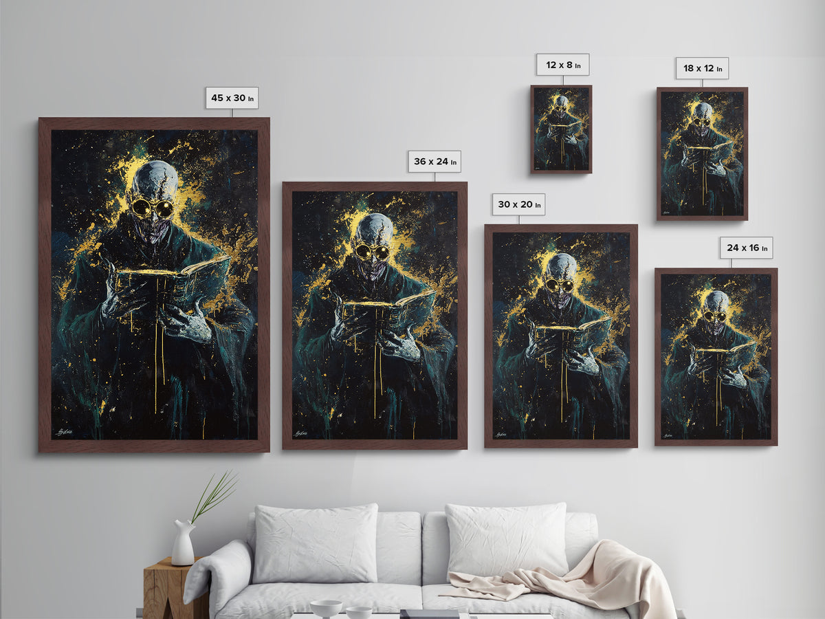 Haunted Spirit Metallic Gold Art Metal Art, Spooky Gothic Wall Decor with Natural Wood Frame for Halloween Horror Lovers