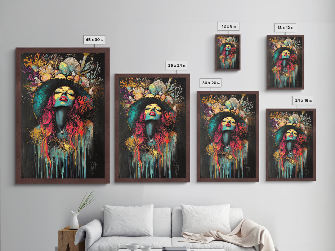 Witchy Woman Metallic Gold Art Metal Art | Psychedelic Spooky Season Portrait Wall Décor in Handcrafted Real Wood Frame
