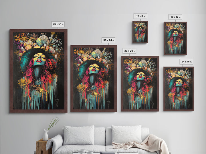 Witchy Woman Metallic Gold Art Metal Art | Psychedelic Spooky Season Portrait Wall Décor in Handcrafted Real Wood Frame