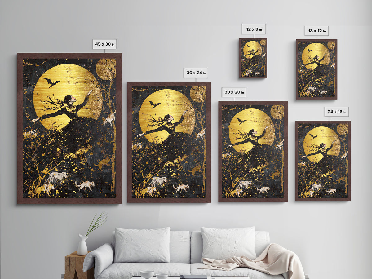 Moonlit Witch Dance Metallic Gold Art Metal Art | Gothic Spooky Halloween Wall Décor with Wolves Framed in Real Wood