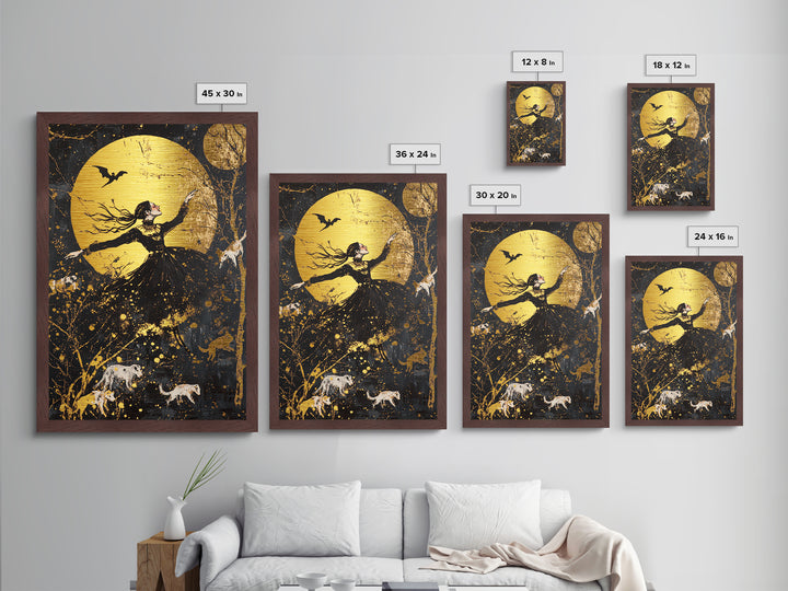 Moonlit Witch Dance Metallic Gold Art Metal Art | Gothic Spooky Halloween Wall Décor with Wolves Framed in Real Wood
