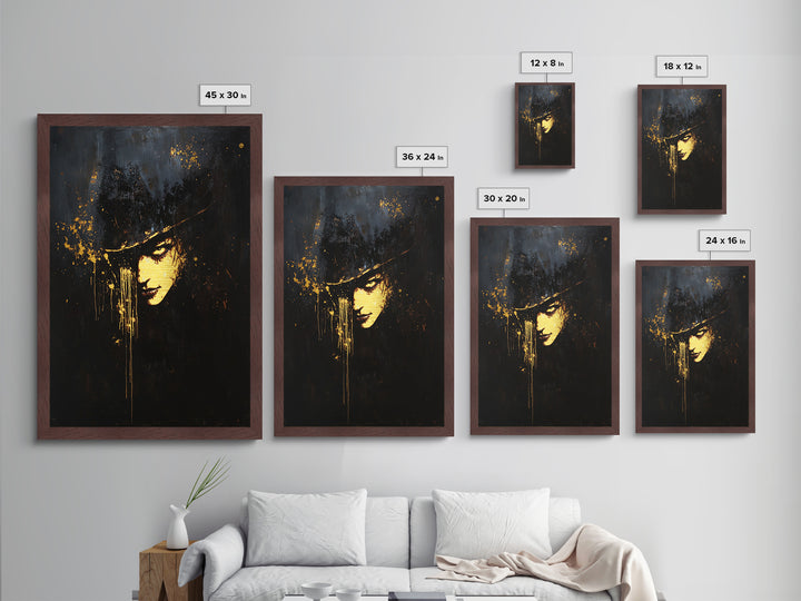 Gothic Shadow Portrait Metallic Gold Art Metal Art | Creepy Haunted Halloween Wall Décor Framed In Real Wood For Spooky Season