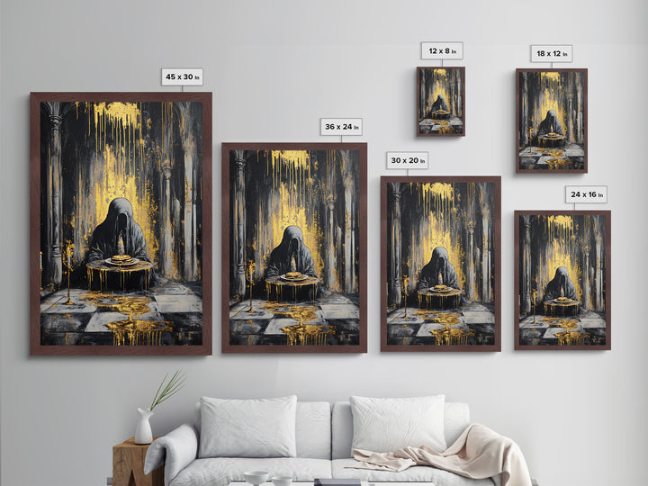 Haunted Cloaked Figure Metallic Gold Art Metal Art | Gothic Halloween Wall Décor With Pancakes | Spooky Horror Painting Framed In Wood