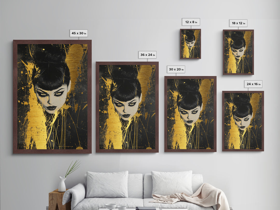 Vampire Gothic Woman Metallic Gold Art, Dark Spooky Season Metal Art Portrait, Horror Inspired Wall Decor in Real Wood Frame