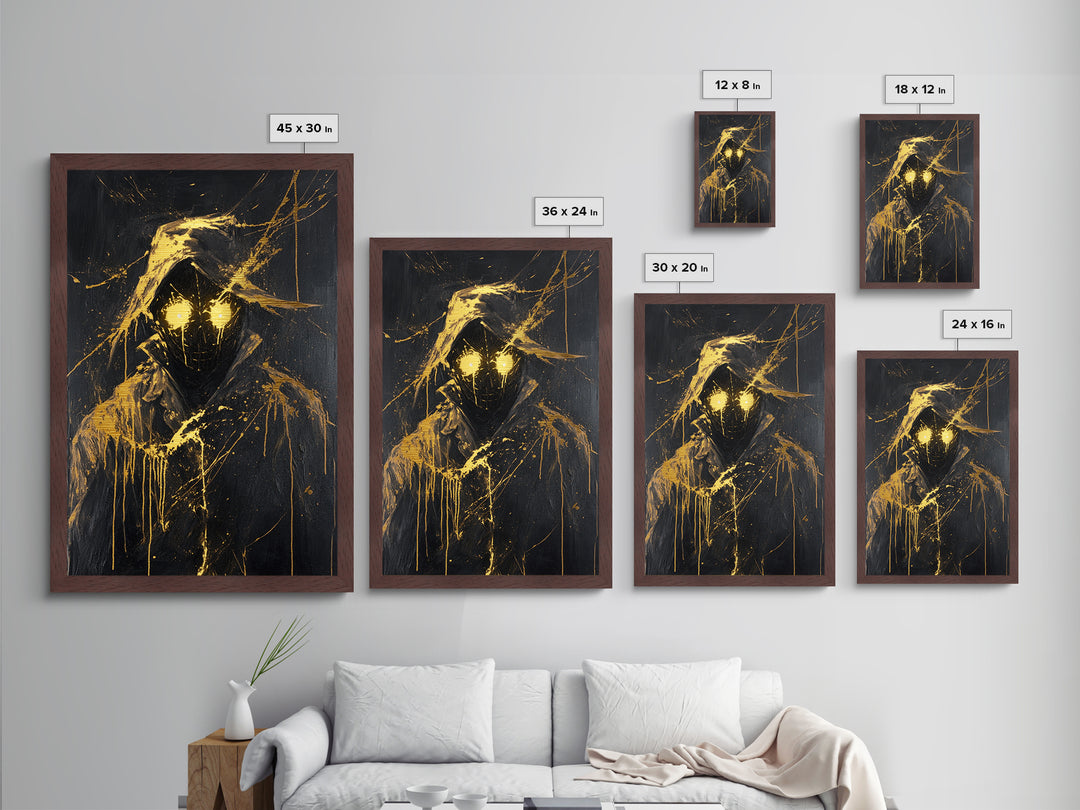 Glowing-Eyed Phantom Metallic Gold Art, Spooky Season Metal Art of Hooded Specter, Creepy Gothic Wall Decor with Real Wood Frame