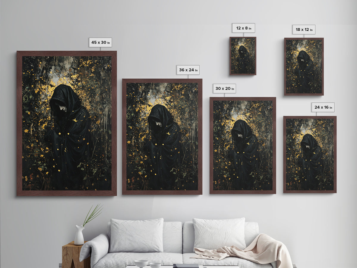 Haunted Forest Reaper Metallic Gold Art, Dark Spooky Season Metal Art of Gothic Hooded Figure, Horror Wall Decor in Wood Frame