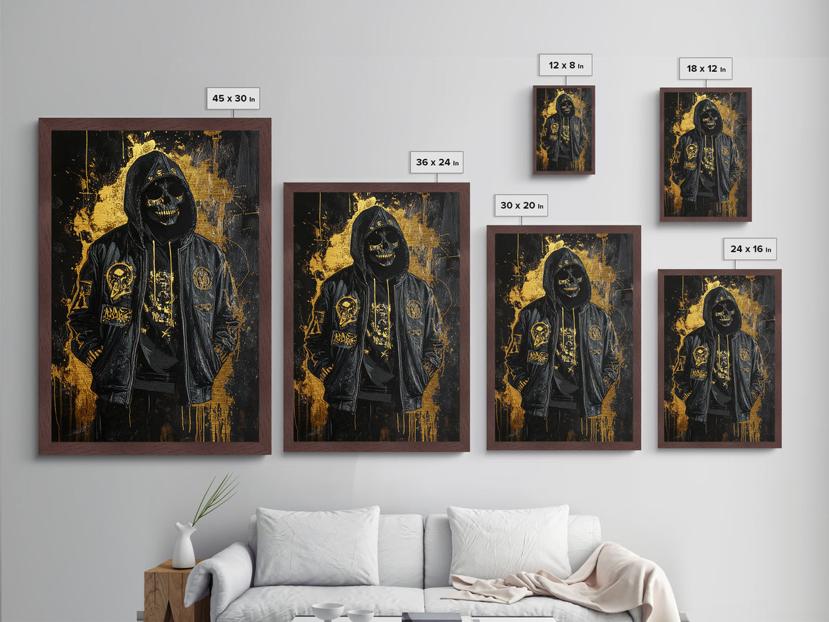 Skeleton Hoodie Metallic Gold Art, Creepy Gothic Spooky Season Metal Art, Haunted Skull Figure Wall Decor in Natural Wood Frame