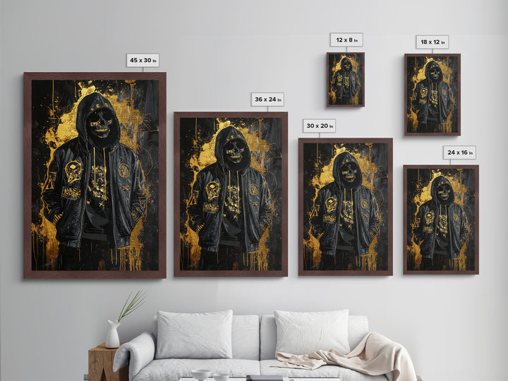 Skeleton Hoodie Metallic Gold Art, Creepy Gothic Spooky Season Metal Art, Haunted Skull Figure Wall Decor in Natural Wood Frame
