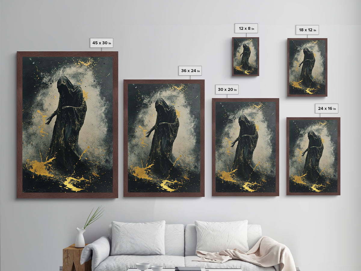 Haunting Reaper Metallic Gold Art Metal Art in Natural Wood Frame, Spooky Halloween Gothic Wall Art, Creepy Dark Spirit Decor