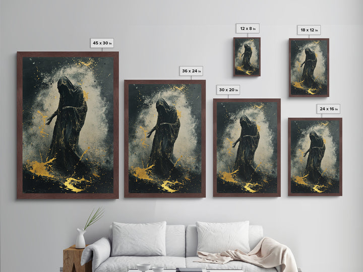 Haunting Reaper Metallic Gold Art Metal Art in Natural Wood Frame, Spooky Halloween Gothic Wall Art, Creepy Dark Spirit Decor