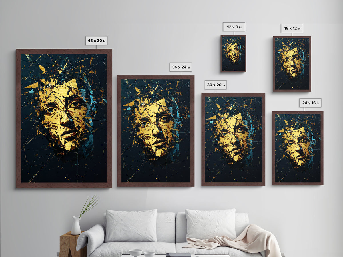 Shattered Face Metallic Gold Art Metal Art, Spooky Season Horror Abstract with Real Wood Frame, Creepy Halloween Gothic Wall Art
