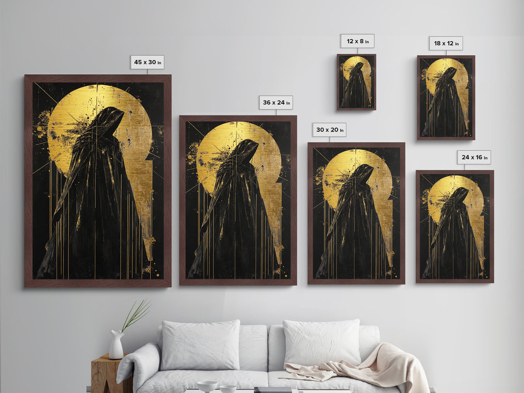Cloaked Horror Metallic Gold Art Metal Art with Real Wood Frame, Gothic Spooky Halloween Decor, Haunted Dark Spirit Wall Hanging