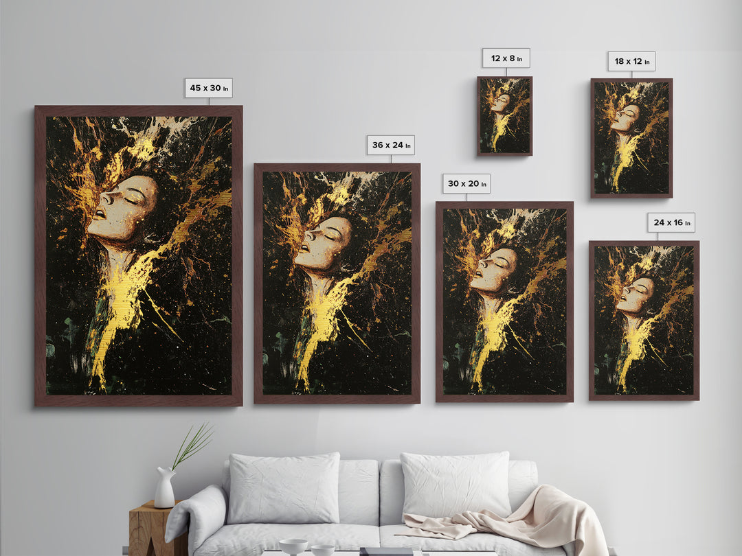 Fiery Witch Metallic Gold Art Metal Art with Real Wood Frame, Spooky Season Haunted Portrait, Creepy Gothic Halloween Wall Hanging