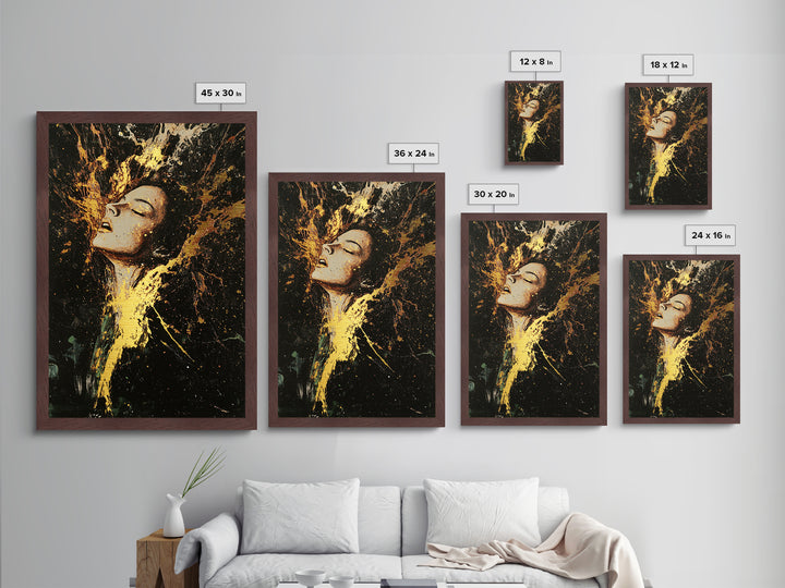 Fiery Witch Metallic Gold Art Metal Art with Real Wood Frame, Spooky Season Haunted Portrait, Creepy Gothic Halloween Wall Hanging