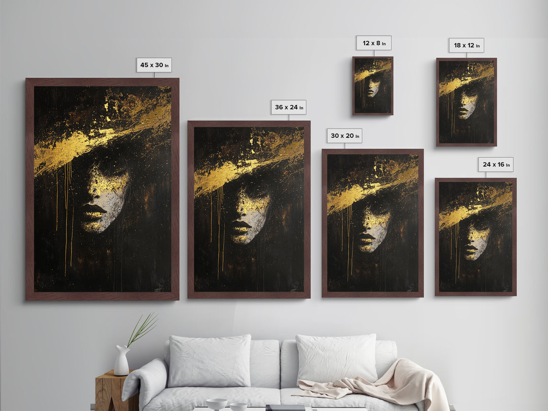 Haunted Metallic Gold Art Face Portrait | Gothic Horror Metal Art Spooky Wall Decor | Framed In Natural Real Wood