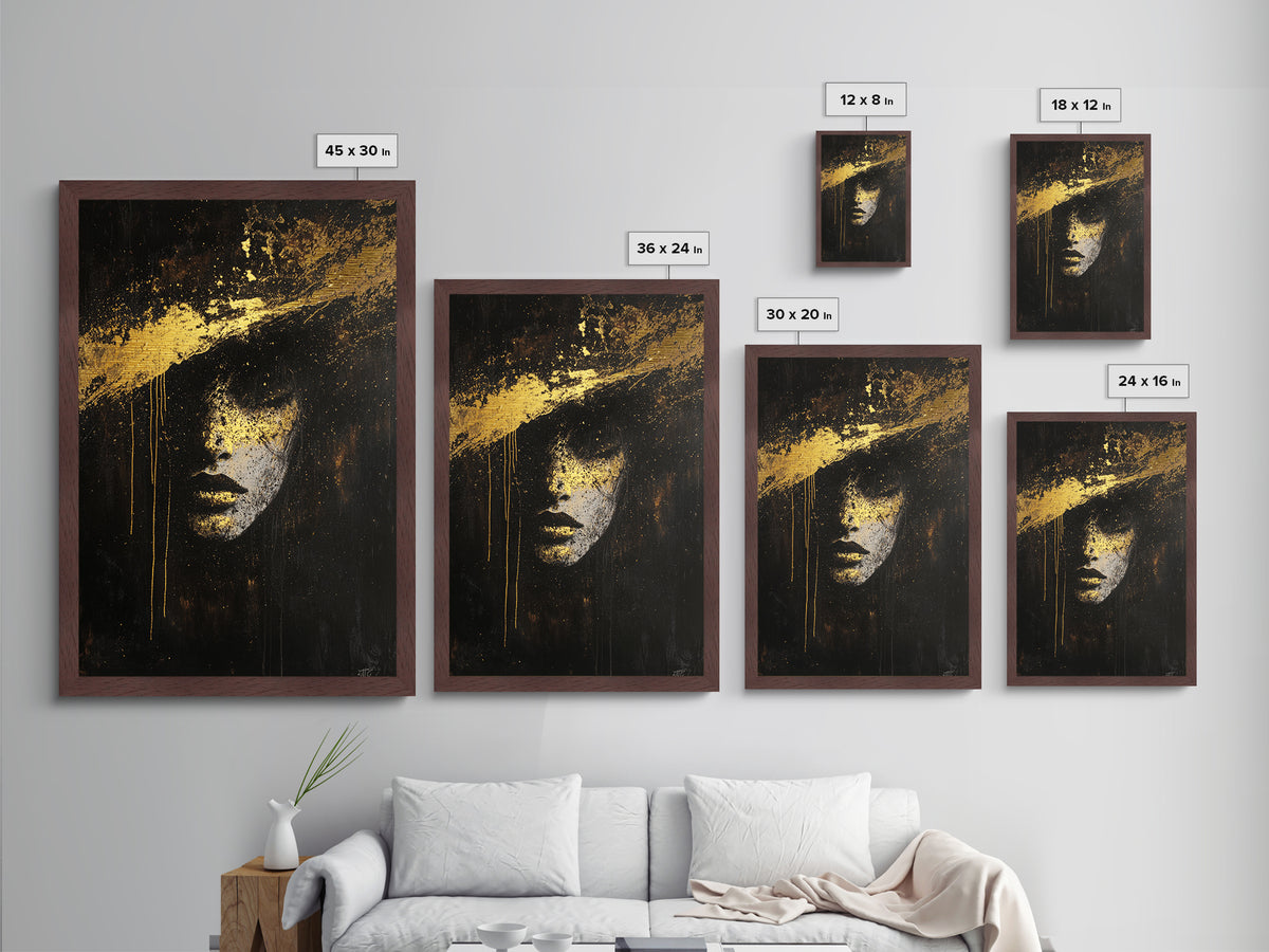 Haunted Metallic Gold Art Face Portrait | Gothic Horror Metal Art Spooky Wall Decor | Framed In Natural Real Wood