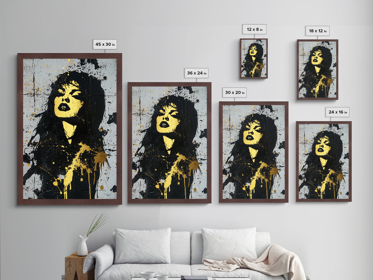 Gothic Female Vampire Portrait Metallic Gold Art | Dark Horror Metal Art Halloween Decor | Real Wood Frame Handcrafted Finish