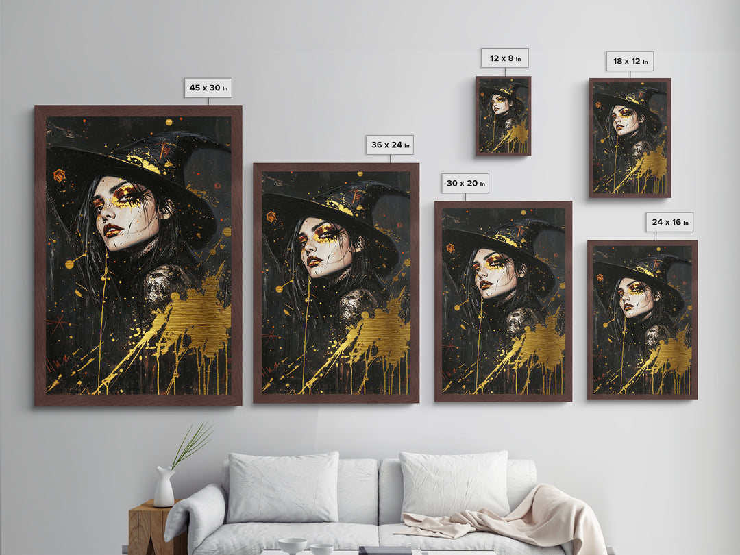 Witch Hat Glam Metallic Gold Art | Gothic Halloween Metal Art Witchy Portrait | Spooky Season Wall Decor With Real Wood Frame
