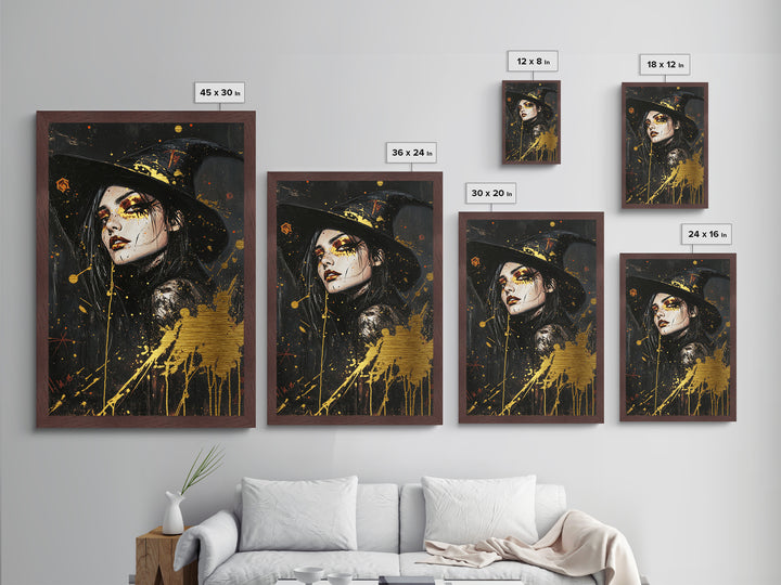 Witch Hat Glam Metallic Gold Art | Gothic Halloween Metal Art Witchy Portrait | Spooky Season Wall Decor With Real Wood Frame