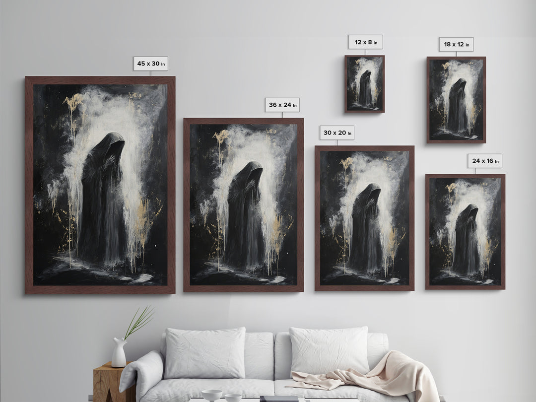 Dark Grim Reaper Metallic Gold Art | Haunted Horror Metal Art Spooky Season Wall Decor | Framed With Natural Real Wood