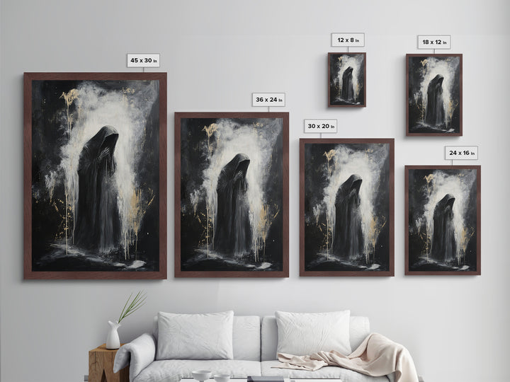Dark Grim Reaper Metallic Gold Art | Haunted Horror Metal Art Spooky Season Wall Decor | Framed With Natural Real Wood