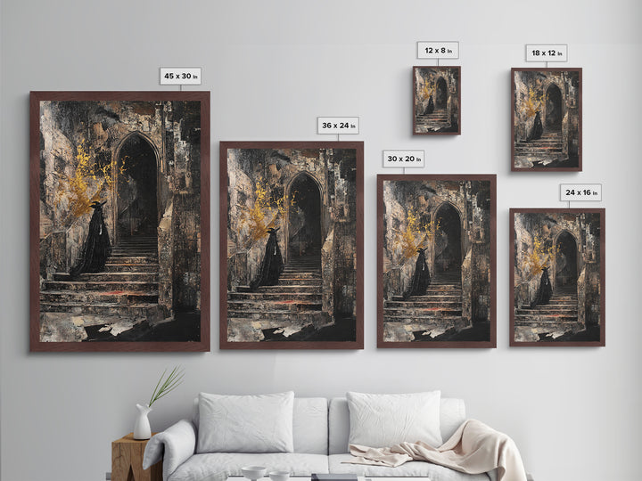 Gothic Castle Staircase Witch Metallic Gold Art | Haunted Horror Metal Art Halloween Wall Decor | Framed Real Wood Accent