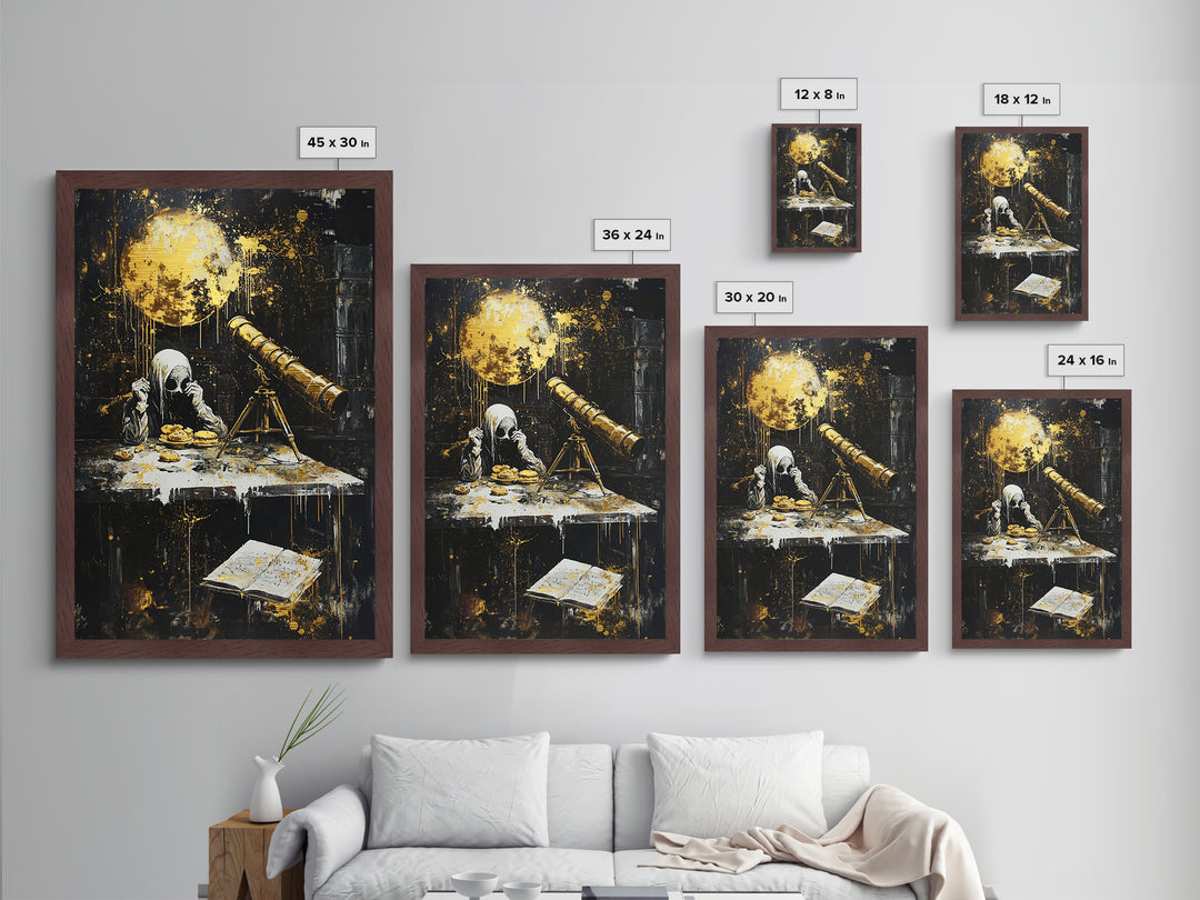 Spooky Astronomy Scene With Hooded Figure Metallic Gold Art | Creepy Metal Art Haunted Halloween Decor | Real Wood Frame Display