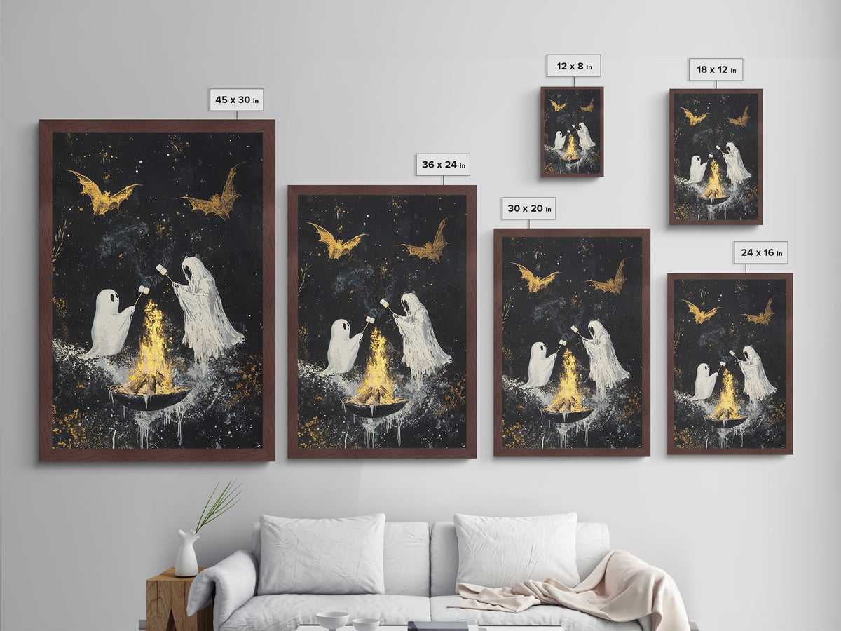 Ghosts Roasting Marshmallows Metallic Gold Art, Spooky Metal Art Halloween Wall Decor with Real Wood Frame, Haunted Firepit Scene