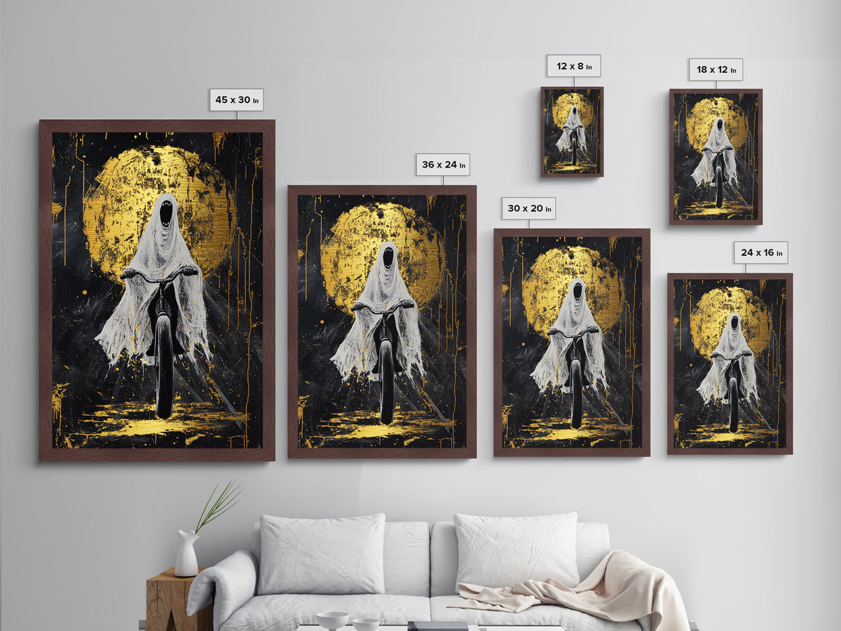 Terrifying Ghost Rider Bicycle Metallic Gold Art, Haunted Metal Art Halloween Wall Accent in Real Wood Frame for Spooky Home Decor