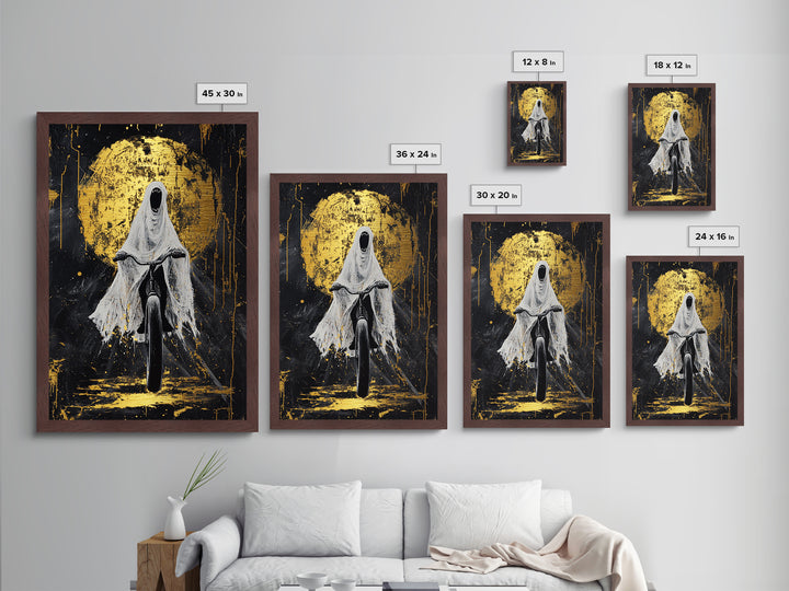 Terrifying Ghost Rider Bicycle Metallic Gold Art, Haunted Metal Art Halloween Wall Accent in Real Wood Frame for Spooky Home Decor