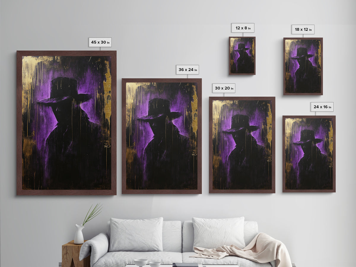 Mysterious Dark Stranger Metallic Gold Art, Gothic Metal Art Purple and Gold Halloween Shadow Silhouette Framed with Natural Wood