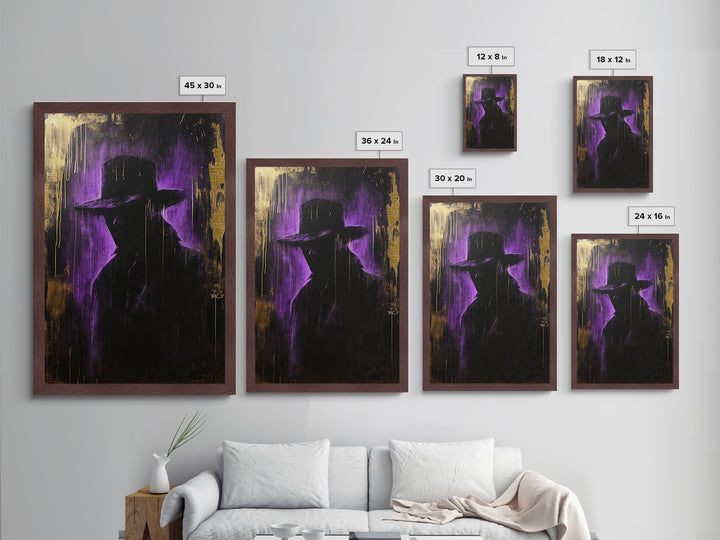 Mysterious Dark Stranger Metallic Gold Art, Gothic Metal Art Purple and Gold Halloween Shadow Silhouette Framed with Natural Wood
