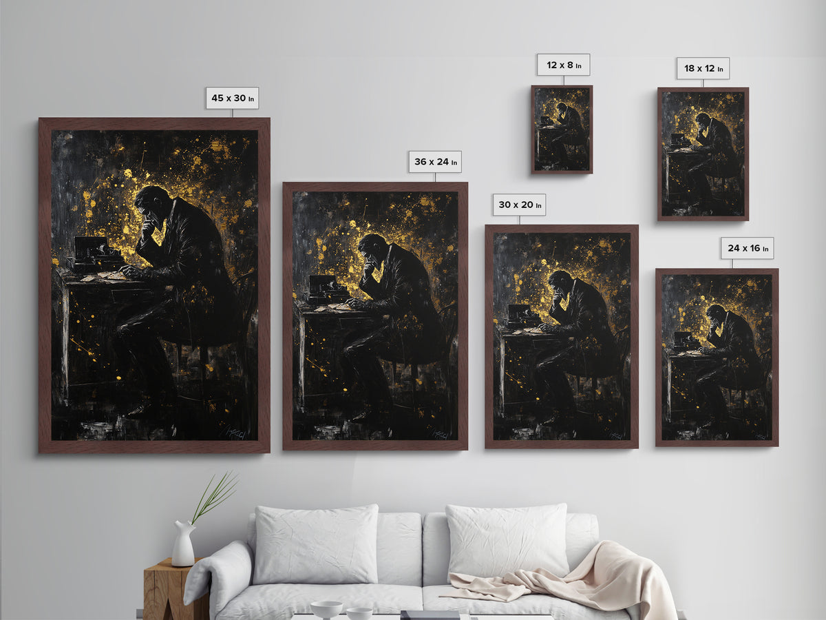 Haunted Writer at Desk Metallic Gold Art, Gothic Metal Art Creepy Office Halloween Scene with Real Wood Frame for Spooky Season