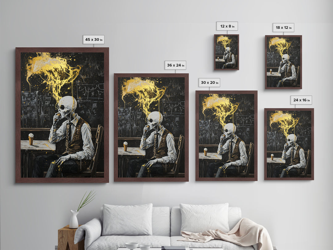 Skeleton Eating Ice Cream Metallic Gold Art, Quirky Metal Art Creepy Halloween Wall Decor Framed in Real Wood for Spooky Season