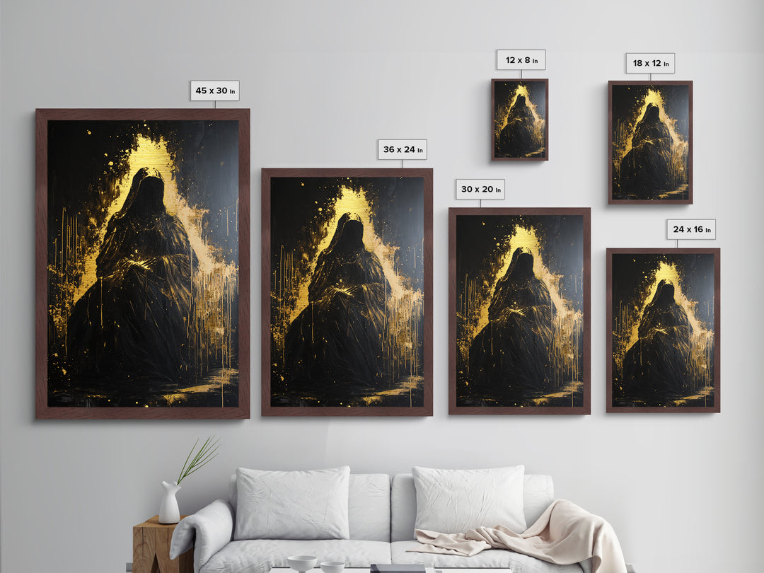 Dark Hooded Phantom Metallic Gold Art, Gothic Metal Art Haunted Shadow Figure Wall Decor in Natural Wood Frame for Halloween Atmosphere