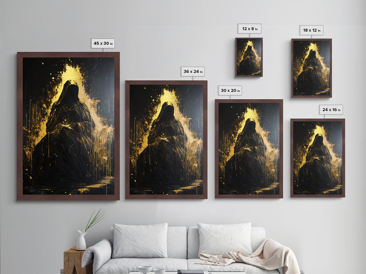 Dark Hooded Phantom Metallic Gold Art, Gothic Metal Art Haunted Shadow Figure Wall Decor in Natural Wood Frame for Halloween Atmosphere