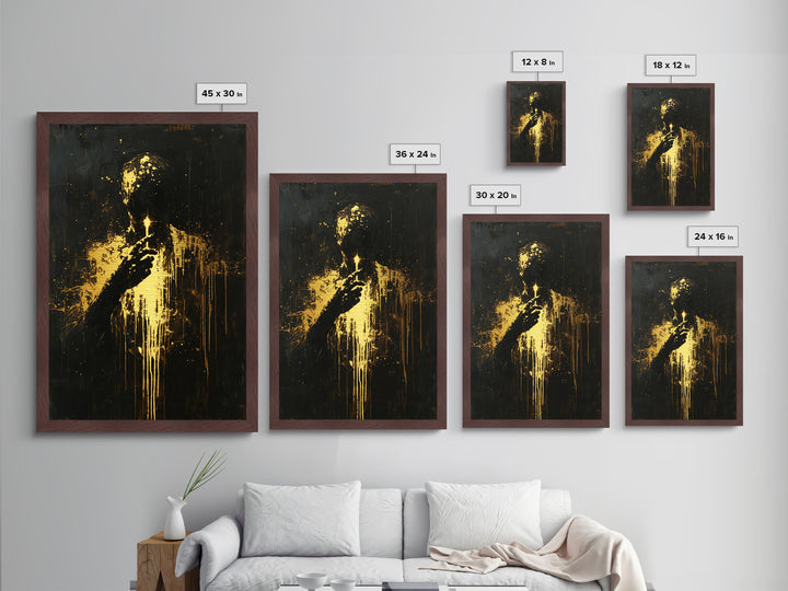 Haunted Silhouette Holding Candle – Spooky Metallic Gold Art, Gothic Horror Metal Art, Framed in Natural Real Wood