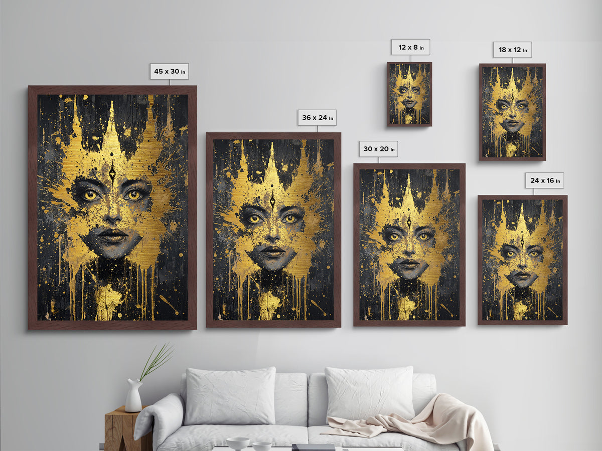 Mystic Third Eye Goddess – Metallic Gold Art, Spooky Season Witchy Metal Art, Occult Halloween Decor in Real Wood Frame