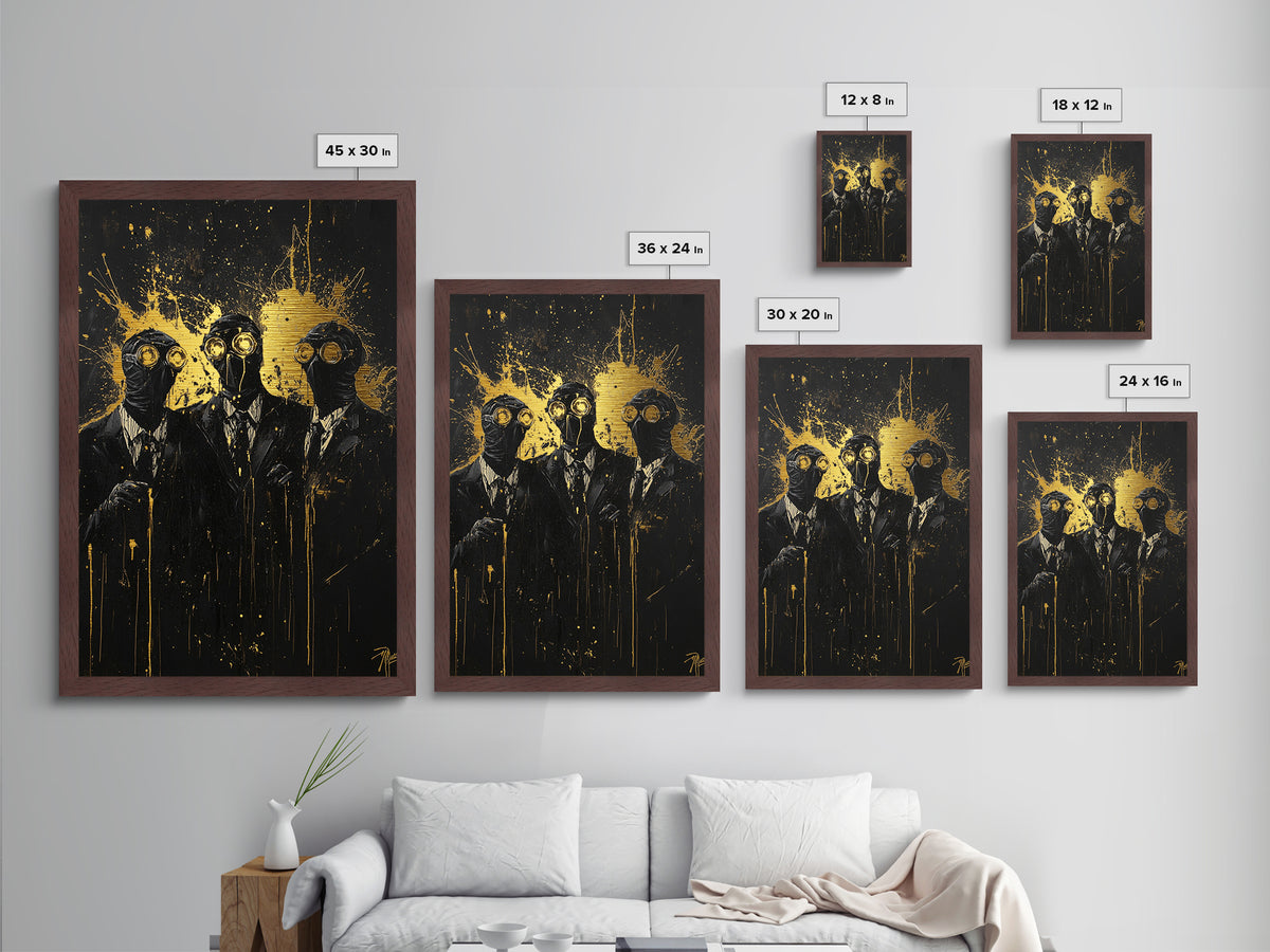 Steampunk Horror Trio – Gothic Plague Mask Characters, Metallic Gold Art, Creepy Halloween Metal Art, Natural Wood Framing