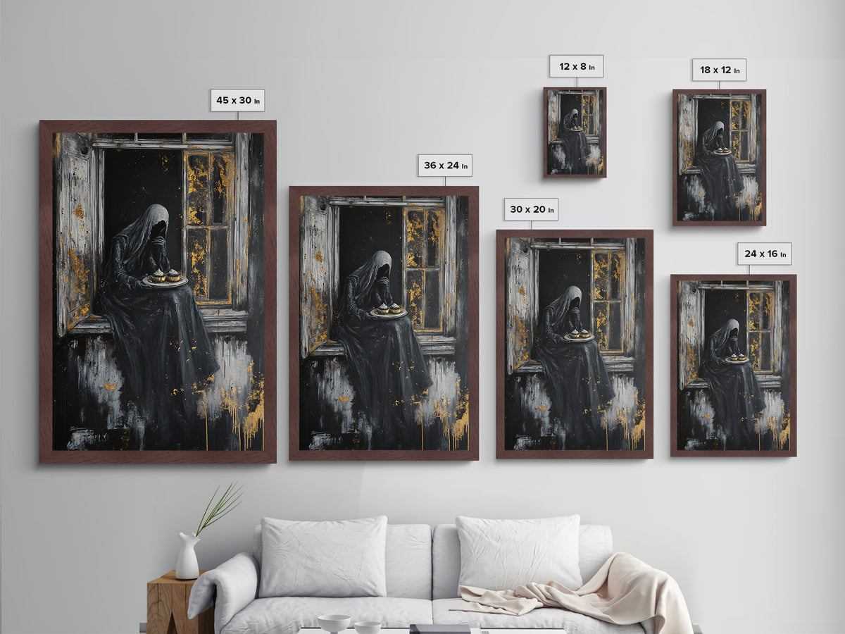 Haunting Widow in Window – Metallic Gold Art, Spooky Gothic Metal Art, Creepy Halloween Decor with Real Wood Framing