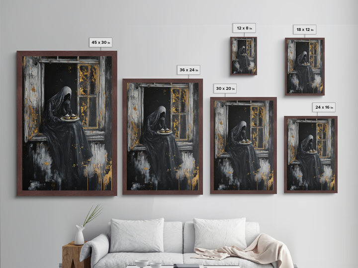 Haunting Widow in Window – Metallic Gold Art, Spooky Gothic Metal Art, Creepy Halloween Decor with Real Wood Framing