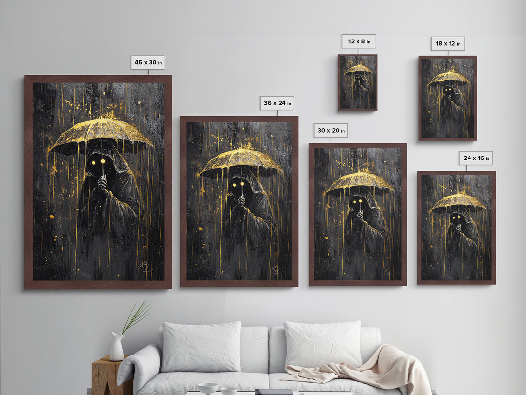 Umbrella Phantom Figure – Creepy Metallic Gold Art, Spooky Season Gothic Metal Art, Haunted Rainy Night Framed in Real Wood