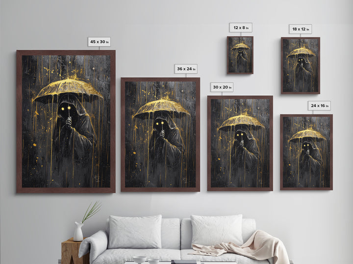 Umbrella Phantom Figure – Creepy Metallic Gold Art, Spooky Season Gothic Metal Art, Haunted Rainy Night Framed in Real Wood