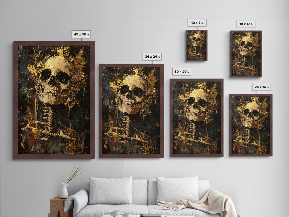 Skeleton with Floral Crown – Metallic Gold Art, Spooky Gothic Metal Art, Creepy Halloween Skeleton Decor in Natural Wood Frame
