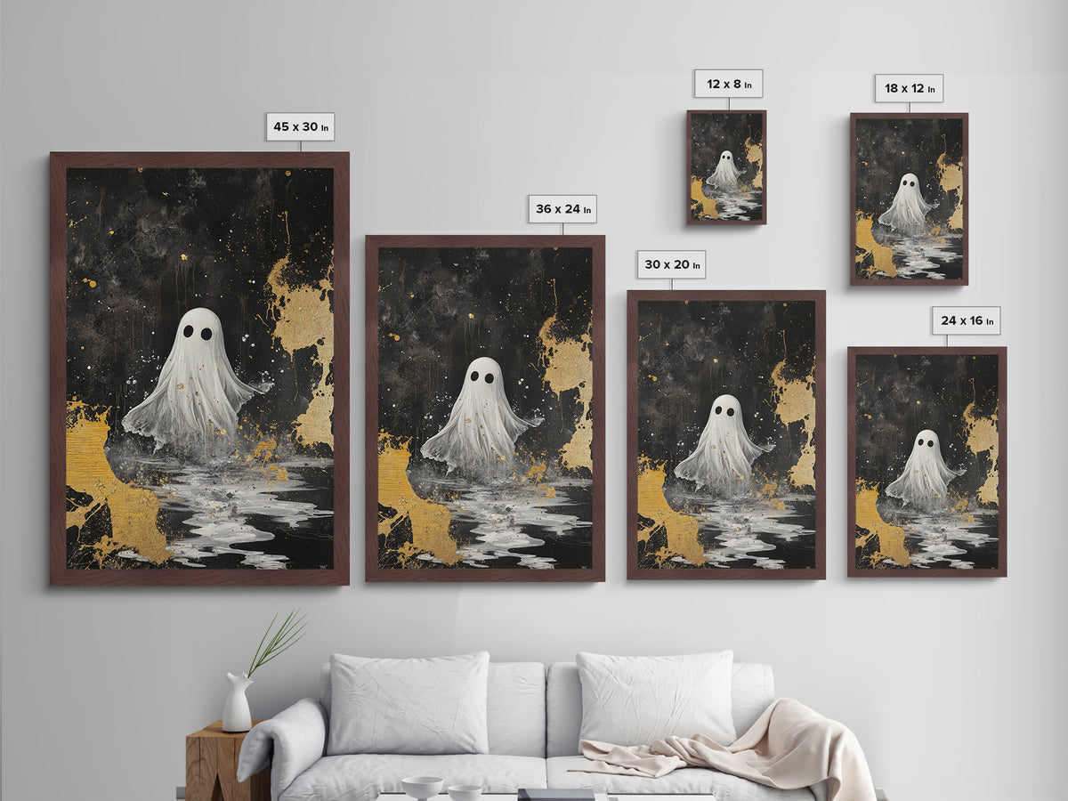 Haunted Ghost Metallic Gold Art, Spooky Season Metal Art with Natural Wood Frame, Gothic Halloween Wall Decor Accent