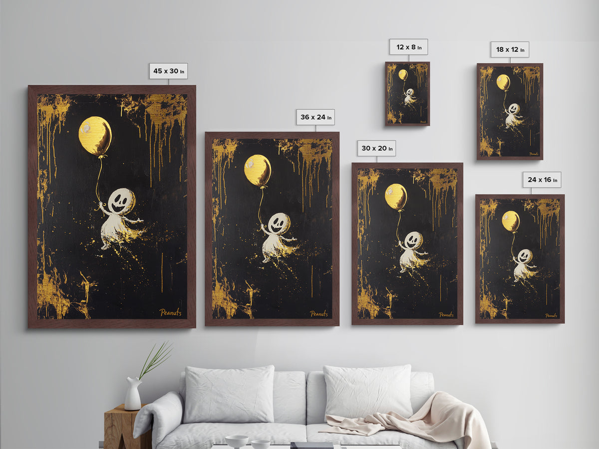 Cute Ghost Metallic Gold Art Metal Art, Spooky Halloween Wall Art with Balloon, Framed in Real Wood for Seasonal Decor